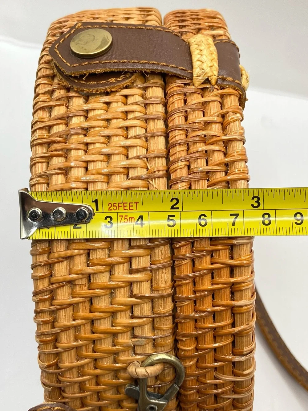 Handmade‎ Woven Round Straw Crossbody Bag with Bali Tropical Lining - Natural